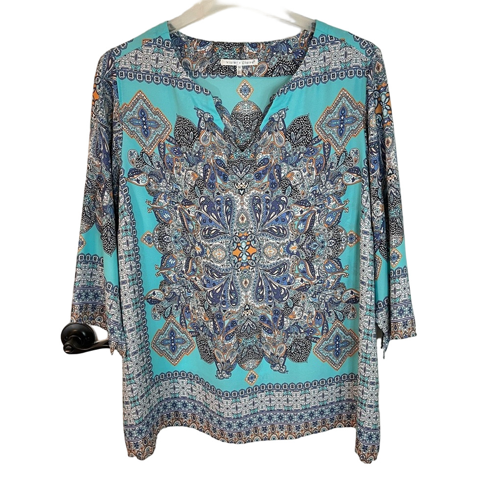 Violet + Claire Teal Paisley Split Neck Tunic Blouse Boho Plus Size 3X Flowy